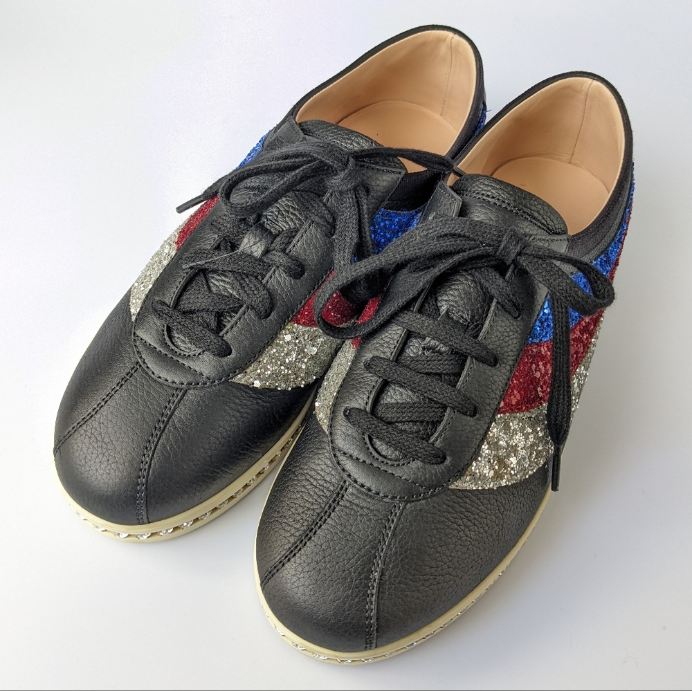 Gucci Black Falacer Glitter Crystal Rhinestone Sneakers Size 38.5 - Picture 3 of 10